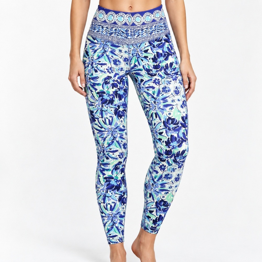 Lilly Pulitzer High Waisted Floral Activewear Leggings Blue Green Multi Print